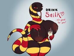 advertisement anthro bedroom_eyes beverage big_breasts blush bodily_fluids breasts coral_snake curvy_figure dairy_products dripping_milk dripping_vulva elapid_(snake) female food forked_tongue genitals hand_on_breast hi_res lactating leaking_milk looking_at_viewer messy milkshake narrowed_eyes pupils reptile saucywench scalie seductive slit_pupils snaggle_tooth snake solo standing sweat thick_thighs tongue tongue_out voluptuous voluptuous_female vulva