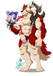 2018 alternate_version_at_source anthro canine fire fur magic male male_only mammal muscular oleola123 penis red_fur rex_(takemoto_arashi) size_difference wolf