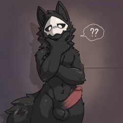 analyzing animal_genitalia anthro balls black_body black_fur black_latex blush canid canine canis changed_(video_game) crossed_arms fur genitals humanoid_genitalia latex latex_beast legs_together leo_mizusaki male male/male mammal penis puro_(changed) question_mark simple_background solo tail vein veiny_penis white_eyes wolf