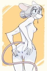 abstract_background anthro anus ass breasts embarrassed esther_(ethan8bit) ethan8bit eyewear female fur genitals glasses hair hair_bun hi_res mammal murid murine presenting presenting_anus presenting_vulva rat rodent small_breasts solo spread_butt spreading tail vulva white_body white_fur white_hair