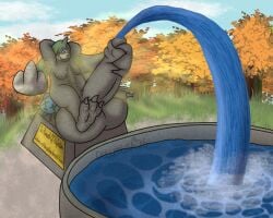 anthro armpit_hair armpit_musk balls bandai_namco big_balls big_penis body_hair digimon digimon_(species) flipping_viewer_off fountain gargomon genitals gesture hand_gesture hands_behind_head hi_res huge_balls huge_cock hyper hyper_balls hyper_genitalia hyper_penis inanimate_transformation legs_on_balls male middle_finger musk musk_cloud orangestheasd park penis petrification plant public raised_arm raised_arms sculpture smelly solo statue transformation tree water water_fountain