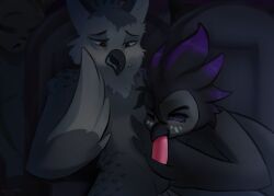 absurd_res anthro anthro_on_anthro avian azrael_(owllad934) azuredeer balls beak bird blush digital_media_(artwork) duo egalia erection feathers fellatio genitals grey_body hi_res humanoid male male/male movie_theater oral owl penile penis public sex smile stealth_sex wings