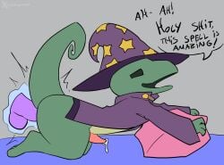 anal anal_sex anthro bodily_fluids clothing cum dialogue dildo dildo_in_ass dildo_insertion erection genital_fluids genitals godforgiveme4 green_body hat headgear headwear hi_res lizard_wizard_(piemations) magic magic_user male object_in_ass penetration penis pillow reptile scalie sex_toy sex_toy_in_ass sex_toy_insertion simple_background solo spell wizard_hat wizard_robe