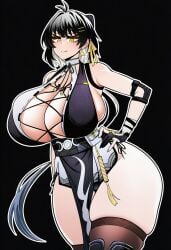 1girls ai_generated arched_back big_breasts black_background black_hair boobs breasts breasts_bigger_than_head dress earring earrings female female_focus gloves huge_breasts kurogames large_breasts long_hair mayuai ponytail ribbon ribbon_in_hair ribbons rover_(wuthering_waves) skimpy skimpy_clothes smile smiling solo solo_female stockings tagme thick_thighs thighhighs thighs tits tits_bigger_than_head wuthering_waves yellow_eyes