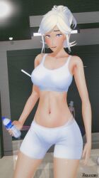 1girls arrancon clothed_female gym gym_clothes gym_shorts gym_uniform robyn_hill rwby solo_female sweaty_body violet_eyes water_bottle white_hair white_hair_female