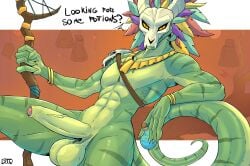2026 abs anthro athletic athletic_anthro athletic_male balls big_balls big_penis biped bone bone_mask bracelet claws digital_media_(artwork) dreycothewyrm english_text erection finger_claws foreskin genitals glans green_balls green_body green_penis hi_res holding_object holding_potion holding_staff humanoid_genitalia humanoid_penis jewelry lihzahrd male mask necklace pecs penis pink_glans potion scalie skull skull_mask solo staff talking_to_viewer terraria text witch_doctor_(terraria) yellow_eyes