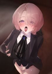 absurdres arimura_mao black_jacket black_ribbon black_vest blush bottomless breasts chinese_commentary collared_shirt commentary_request covered_nipples eyes_visible_through_hair female female_masturbation fingering gakuen_idolmaster groping hair_over_one_eye hand_on_own_chest highres idolmaster jacket large_breasts looking_at_viewer masturbation muxia_jinlong open_clothes open_jacket open_mouth oral_invitation pink_hair purple_eyes pussy_juice ribbon shirt short_hair solo tongue tongue_out vest white_shirt