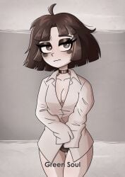 choker collared_shirt embarrassed embarrassed_female greensoul looking_at_viewer open_shirt pomni pomni_(the_amazing_digital_circus) white_shirt