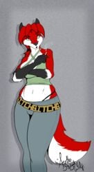 absurd_res acethebigbadwolf anthro canine cigarette clothing fox fur furry g-string hi_res mammal navel nexia ponytail red_fur shadow smoke smoking thong tied_hair underwear vignette wide_hips