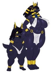 anthro anubis ass ass_cleavage ass_crack balls balls_in_panties bent_over big_ass big_butt breasts butt_crack egyptian egyptian_clothes egyptian_mythology female femboy furry girly gold_(metal) huge_ass huge_breasts looking_at_viewer looking_back male nervous solo_male sssonic2 tagme thick_ass thick_thighs