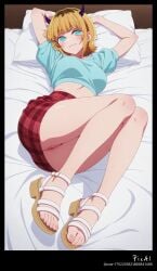 1girl 4k 8k ai_generated anime bangs bed blonde_hair blue blunt body breasts content crop demon down earrings explicit eyes feet feets female five_toes full hair high horns jewelry legs lying lying_on_side masterpiece mature medium memcho mini nsfw on oshi_no_ko pencil perfect plaid polished pose quality resolution sandals screencap seductive sexy short skirt smile solo stilettos tight toenails toes top up vagina view