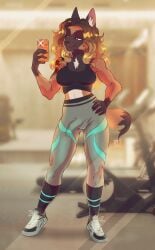 absurd_res anthro apple_inc. athletic_pants canid canine canis cellphone clothing cookie_choo domestic_dog electronics erection erection_under_clothing footwear genitals gradient_hair gym gynomorph hair herding_dog hi_res intersex iphone josie_dubois malinois_dog mammal mirror_selfie pastoral_dog penis phone selfie sheepdog shirt shoes smartphone sneakers solo tank_top topwear trans_(lore) trans_woman_(lore)