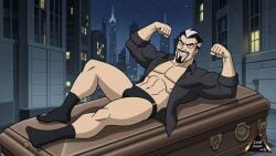 bara black_socks briefs cartoon_character city class_of_the_titans coffin cronos cronus daddy dilf flexing flexing_arms flexing_bicep flexing_both_biceps flexing_muscles gay god greek_mythology muscles night open_clothes open_shirt smile speedo underwear