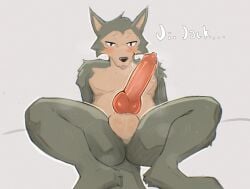 absurd_res anthro beastars blush bodily_fluids canid canine canis dialogue genital_fluids genitals hi_res hirofumi_kumori huge_filesize knot leaking_precum legoshi_(beastars) male mammal name_in_dialogue penis precum presenting presenting_penis solo spreading tongue tongue_out wolf