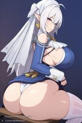1female 1girl 1girls 2026 ahoge ai_generated artist_name ass bangs bare_shoulders big_ass big_breasts blue_dress blush breasts closed_mouth clothes_lift curvy dress dress_lift elf hi_res high_quality high_resolution highres hoyoverse huge_ass huge_breasts large_breasts long_hair long_sleeves looking_at_viewer looking_back mole mole_on_breast mole_under_mouth panties patreon patreon_username pointy_ears purple_eyes sideboob simple_background sitting smile solo thick_thighs thighhighs thighs thong underwear unjobdespiert velina_(zenless_zone_zero) watermark white_hair white_panties white_thighhighs zenless_zone_zero