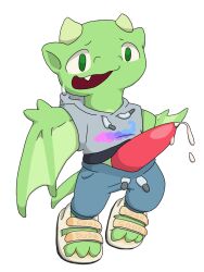 2_horns 3:4 anthro big_penis blue_bottomwear blue_clothing blue_pants bodily_fluids bottomwear claws clothing dragon dripping embarrassed european_mythology feet footwear genital_fluids genitals green_arms green_body green_ears green_feet green_legs green_tail grey_clothing grey_hoodie grey_shirt grey_topwear head_horn hi_res hoodie horn light_horn light_wings male mythological_creature mythological_scalie mythology nomani_int32 pants penis penis_poking_out pink_penis plantigrade pose precum precum_drip reaching_towards_viewer sandals scalie shirt shoes simple_background smooth_horn solo tail tapering_penis topwear wasabi_(nomani_int32) western_dragon white_background wing_claws wings wyvern yellow_clothing yellow_footwear yellow_shoes