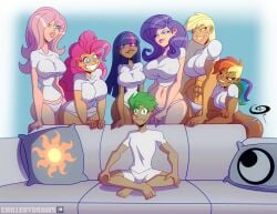 1boy 2022 6girls applejack_(mlp) biting_lip boxers curvy_female dark-skinned_female dark_skin female fluttershy_(mlp) friendship_is_magic frostbiteboi hi_res high_quality high_resolution highres human human_only humanized male mane_six mane_six_(mlp) meme multiple_females multiple_girls my_little_pony panties pinkie_pie_(mlp) piper_perri_surrounded rainbow_dash_(mlp) rarity_(mlp) sitting smaller_male smooth_skin spike_(mlp) spike_gets_all_the_mares sweatdrop t-shirt tagme twilight_sparkle_(mlp) white_panties