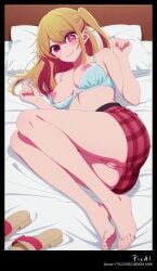1girl 4k 8k ai_generated anime ass bangs bed blonde_hair blue body breasts content crop explicit eyes feets female full hair high hoshino_ruby legs lying masterpiece mature medium mini multicolored nsfw on on_side oshi_no_ko outfit pencil perfect pink polished pupils quality resolution sandals screencap sexy side sidelocks skirt solo summer symbol-shaped tight tiles toenails toes top topless two-tone view
