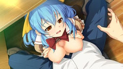 akinashi_yuu ao_no_kanata_no_four_rhythm ao_no_kanata_no_four_rhythm_-es- areolae blue_hair breast_squeeze breasts censored chair female from_above game_cg highres indoors kneeling large_breasts long_hair looking_at_viewer mosaic_censoring nipples no_bra open_clothes open_mouth paizuri penis ponytail school_uniform shoes sitting skirt solo_focus suzumori table tied_hair under_the_table yellow_eyes