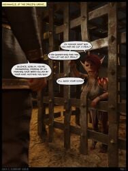 1boy 1girls 3d baldur's_gate baldur's_gate_3 comic dialogue english_text female goblin goblin_female human interspecies male page_1 pointy_ears prisoner quick_e red_hair sazza size_difference straight
