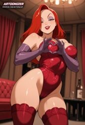 ai_generated armwear artoonizer big_ass big_breasts big_lips blush dress female female_only gloves green_eyes heart_symbol jessica_rabbit latex_armwear leotard light-skinned_female light_skin lingerie lips lipstick long_hair looking_at_viewer makeup parted_lips patreon patreon_username posing purple_armwear purple_eyeshadow purple_gloves purple_latex_armwear red_dress red_hair red_lipstick seductive_look smile solo solo_female solo_focus standing stockings thick_thighs thighhighs tight_clothing valentine's_day who_framed_roger_rabbit wide_hips