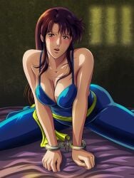 1girls adapted_costume arm_support asymmetrical_bangs bangs bare_arms bare_shoulders bed big_breasts blue_bodysuit blush bodysuit breasts brown_eyes cat's_eye cell cleavage collarbone cuffed cuffed_wrists embarrassed female_only hair_between_eyes handcuffed handcuffs hitomi_kisugi indoors jail jail_cell kisugi_hitomi legs long_hair looking_at_viewer medium_breasts neck on_bed open_mouth prison prisoner purple_hair round_teeth shade shy sidelocks sitting skin_tight sleeveless sleeveless_bodysuit solo_female spread_legs straight_hair tamanegiinyo teeth thighs upper_teeth upper_teeth_only
