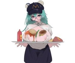 :> blue_hair blush breasts burger commentary dress_shirt earpiece english_commentary food food_on_body food_on_breasts french_fries glasses hair_ornament hat huge_breasts indie_virtual_youtuber ketchup kuromikii_(vtuber) mcdonald's non-web_source open_clothes open_shirt pleated_skirt shirt skirt tray virtual_youtuber ye_(pixiv83975537)