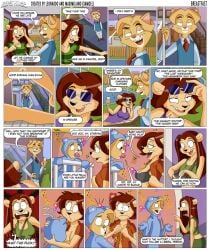 alternative_fashion anthro backyard beast_house big_breasts bodily_fluids bra breasts brown_hair caught_in_the_act cheating_boyfriend clothing comic covering covering_breasts crop_top detailed_background domestic_cat english_text eyewear felid feline felis female fur group hair hankerchief hippie humor lactating leonor_(xamoel) lion male mammal mature_female milk onesie pantherine poolside prep shirt spencer_(xamoel) sunglasses surprised tan_body tan_fur text topwear trio underwear xamoel