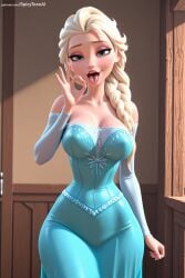 ai_generated bare_shoulders blonde_hair blue_dress blue_eyes braid breasts cleavage detached_sleeves disney dress elsa_(frozen) eyeshadow fellatio_gesture female frozen_(film) hair_over_shoulder hi_res high_quality high_resolution indoors large_breasts long_hair looking_at_viewer patreon patreon_username seductive sexy single_braid solo spicytoonai strapless strapless_dress tongue tongue_out uncensored watermark web_address