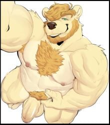 absurd_res anthro armpit_hair balls bear beard big_balls big_penis black_border black_nose blonde_hair body_hair border chest_hair chest_tuft facial_hair fur genitals grin hair hair_over_eye hi_res humanoid_genitalia humanoid_penis looking_at_viewer male mammal musclegut muscular muscular_anthro muscular_male penis pubes smile solo tan_body tan_fur tuft ursso_(artist) vein veiny_penis