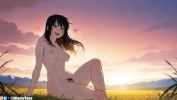 :d ai_generated arm_support black_hair blush breasts chainsaw_man cloud completely_nude female female_pubic_hair field grass heart knee_up long_hair looking_at_viewer medium_breasts navel nipples nude open_mouth orange_eyes outdoors patreon_logo patreon_username pubic_hair pussy scar sitting sky smile solo sunset teeth upper_teeth_only wienergens yoru_(chainsaw_man)