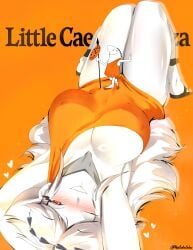 big_breasts dress hearts_around_head little_caesars lying orange_background orange_eyes orange_theme smile smiling white_skin wink winking