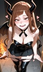 ai_generated bangs brown_eyes brown_hair demon demon_girl demon_horns demon_humanoid demon_slayer demon_tail hell holding_panties kimetsu_no_yaiba long_hair looking_at_viewer looking_up mizuki_hoshizora my_hero_academia original_character pale_skin pervert pervert_female stretching_underwear taunting teasing teasing_viewer underwear