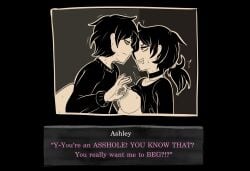 1boy 1girls 2d andrew_graves ashley_graves black_hair breasts brother_and_sister choker dialogue english_text female fuzzlogik green_eyes incest male nipple_pinch nipple_play nipples pinching_nipples pink_eyes ponytail shirt_lift siblings straight the_coffin_of_andy_and_leyley