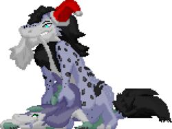 1boy 2016 all_fours alpha_channel ambiguous_gender anal anal_sex animated anthro barefoot black_hair blue_eyes christmas cum cum_inside cum_on_ground doggy_style duo from_behind_position fur furry green_hair hair hat hindpaw holidays lagomorph low_res male mammal multicolored_fur nude on_top paws penetration pixel_art purple_fur santa_hat sergal sex simple_background size_difference smile spots transparent_background white_fur yaoi