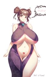 areola_slip areolae bare_shoulders belly breasts brown_hair china_dress chinese_clothes cleavage clenched_teeth curvy double_bun dress erect_nipples female hair_bun harry_(dudwofla) heart heart_tattoo highres huge_breasts large_areolae looking_at_viewer navel nipple_bulge original penis plump pubic_hair pubic_tattoo red_eyes short_hair simple_background solo spoken_blush tattoo tears thick_thighs thigh_gap thighs tied_hair trembling underboob veiny_penis white_background wide_hips