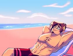 beach bl bonezbonez_ brown_hair brunette_hair far_fetched far_fetched_show flexing gay gay_male glasses goatee himbo muscles muscular muscular_male muscular_pecs pecs relaxing semi_nude shorts warren_webber warren_webber_(far_fetched) yaoi