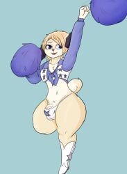 1boy 2d 5_fingers alan_kits anthro anthro_only ass balls_outline barely_contained_penis big_butt blonde_hair blue_clothing blue_eyes blue_jacket blue_shirt blue_topwear boots bottomwear bulge canid canine canis cheerleader cheerleader_uniform clothed clothing color colored cowboy_boots cropped_jacket crossdressing_male curvy_figure detailed_bulge digital_drawing_(artwork) digital_media_(artwork) dog eyelashes femboy femboy_only fingers floppy_ears footwear full_color fur genital_outline genitals hair half-erect hi_res huge_thighs jacket male male_anthro male_only mammal multicolored_body multicolored_fur navel niko_(pkfirefawx) one_leg_up original original_character partially_clothed partially_clothed_anthro partially_clothed_male penis penis_poking_out pom_poms raised_leg shirt shoes shorts simple_background smile solo star_jacket star_thong tail teeth thick_thighs thong tied_shirt topwear two_tone_body two_tone_fur vein veiny_penis white_body white_boots white_clothing white_footwear white_fur white_thong wide_hips yellow_body yellow_fur