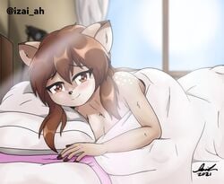 1girls 2021 anthro bed bedroom blanket blurry_background breasts brown_eyes brown_hair covering_breasts deer doe doe_(alfa995) female female_focus fur furry heart-shaped_pupils highres izai_ah izaiah_(artist) long_hair looking_at_viewer mammal messy_hair pov pov_eye_contact sunlight under_covers