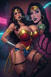 1girls ai_generated black_hair cigarette collar corruption dc dc_comics gold_collar prostitute prostitution smoking tattoo whore wonder_woman wonder_woman_(series)