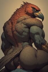 2boys ai_generated anthro anthro_on_human ass avian beak between_ass between_buttocks big_ass bird dominant dominant_male domination duo facesit facesitting falcon feathers furry furrypornaddiction gay human human_on_anthro larger_anthro larger_male male male/male male_only muscular muscular_back muscular_male size_difference smaller_human smaller_male tail tan_skin