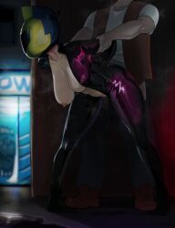 1boy bent_over black_bodysuit bodysuit breasts celty_sturluson cleavage clothed_sex collarbone durarara!! female full_body helmet high_heels highres large_breasts mdthetest night nipples open_bodysuit open_clothes outdoors sex sex_from_behind skin_tight standing standing_sex straight tight_clothes tight_clothing unzipped unzipped_bodysuit