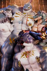 2026 2:3 3d_(artwork) abdominal_markings abs absurd_res alvintanubis anthro aquatic arm_around_neck arm_markings balls beard big_penis black_sclera black_spots blue_body blue_scales bodily_fluids brother_(lore) brothers_(lore) cheek_scar chest_markings chest_scar chiefkaine_(modeler) crocodile crocodilian cybernetic_arm cybernetic_implant cybernetic_limb digital_media_(artwork) dylan_(alvintanubis) eye_scar eyewear facial_hair facial_scar felid fish fur genital_fluids genitals golden_markings green_eyes grey_body grey_fur group hand_on_another's_penis hand_on_penis head_spines hi_res hirunet inside jewelry jiushi_is_90_(modeler) kneeling leaking_precum leg_markings licking lohn_(alvintanubis) male male/male mammal markings multicolored_body multicolored_fur multicolored_scales muscular muscular_thighs navel nebuc necklace nipple_piercing nipple_ring nipples obliques one_eye_closed oral pantherine pecs penile penis penis_lick penis_on_face piercing precum precum_on_chest quads reptile ring_piercing ryuichi_arasaka scales scalie scar sex shark sharp_teeth shoulder_markings sibling_(lore) snout snout_scar snow_leopard spots spotted_body spotted_fur string_lights sunglasses tan_body tan_scales teal_body teal_scales teeth thigh_markings tongue two_tone_body two_tone_scales vein veiny_muscles veiny_penis ventral_fin wall_(structure) white_body white_fur white_scales wood wood_wall yellow_eyes yuntian