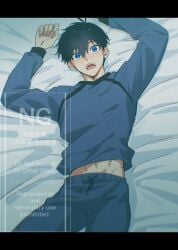 black_hair blue_eyes blue_lock cute cute_face cute_male focus_male innocent_expression isagi_yoichi male_only sports_uniform twink unknown_artist