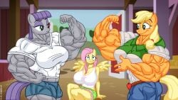 3girls abs applejack_(mlp) atariboy biceps breasts female fluttershy_(mlp) maud_pie_(mlp) muscles muscular muscular_arms muscular_female muscular_legs muscular_thighs my_little_pony pecs