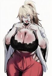 ai_generated ass big_ass big_breasts black_underwear blonde_female blonde_hair blue_eyes breasts fellatio gesture hakama haori japanese_clothes ksyra ksyraarts long_hair solo solo_female solo_focus