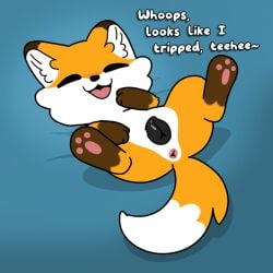 1:1 animal_genitalia animal_vulva anonymous_artist anus canid canine canine_genitalia canine_vulva closed_eyes english_text female feral fox genitals happy lying mammal on_back open_mouth pawpads red_fox solo spread_legs spreading text thick_outline toony true_fox vicksy_(streamer)