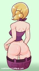 1girls ass back beauty_(pokemon) beauty_(pokemon_oras) belt blonde_hair breasts charo choker female female_only green_background human looking_away nintendo no_panties npc_trainer pants pokemon pokemon_oras pussy shirt short_hair solo standing text trainer url