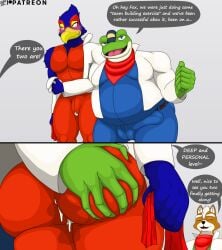 after_sex amphibian anthro ass avian beak big_penis bird blue_body blush bodily_fluids bulge butt_grab canid canine closed_eyes clothing comic cum cum_leaking_from_ass dialogue duo english_text falco_lombardi fox fox_mccloud genital_fluids genitals green_body hand_on_butt hi_res leaking_cum looking_away male male/male mammal nintendo overweight overweight_male pecs penis pizzaozzy pizzaozzy_(artist) slippy_toad star_fox text wet wet_clothing