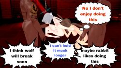 2boys 2girls 3d_(artwork) amiya_(arknights) arknights asian_female bangs big big_breasts blacked blue_archive blue_archive_the_animation blue_eyes brown_hair bunny_girl completely_nude cunnilingus dark-skinned_male girl_on_girl gray koikatsu koikatsu! koikatsu_(medium) naked naked_female nude_female nude_male rabbit_girl shiroko_(blue_archive) speech_bubble speech_bubbles text text_box text_bubble white_hair wolf_girl yuri